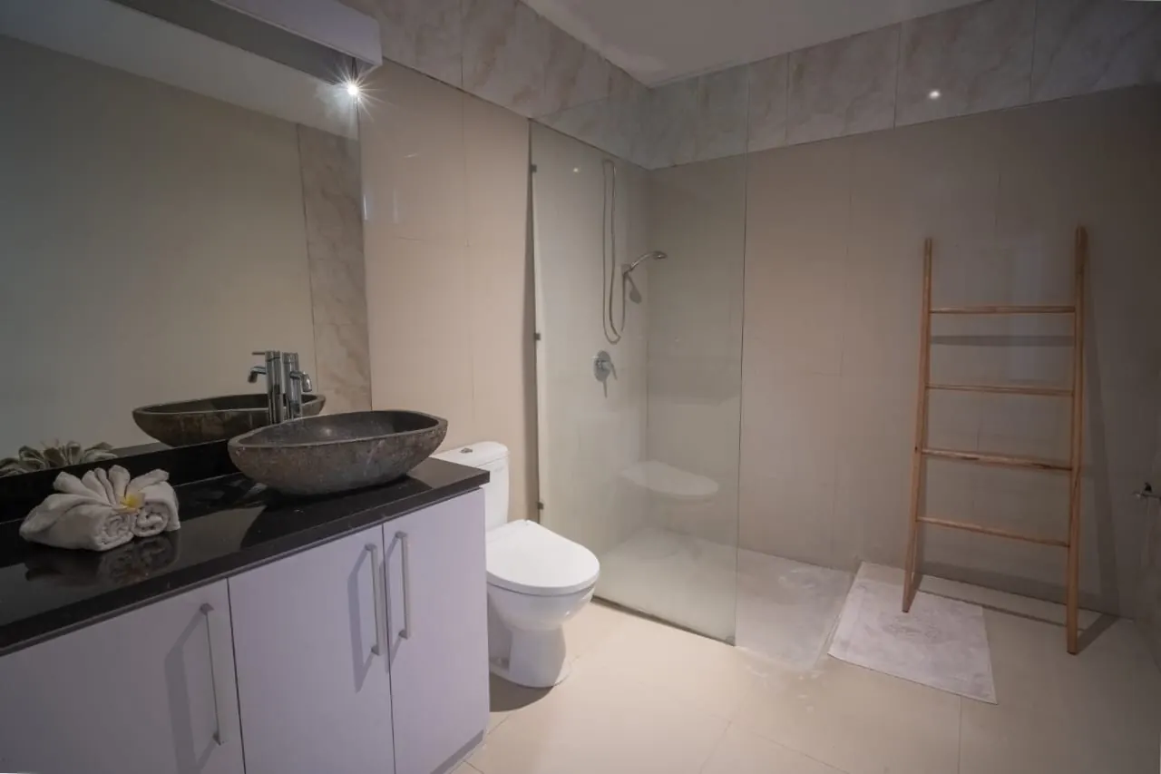 En-suite bathroom with walk-in shower and stone basin