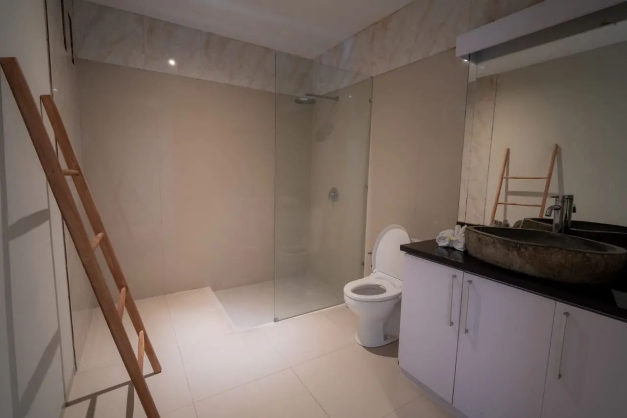 Bathroom with walk-in shower and stone basin